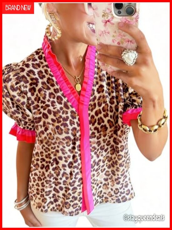Tops - Ruffle Trim Floral Blouse with Short Puff Sleeves V-Neck Button Down Lightweight